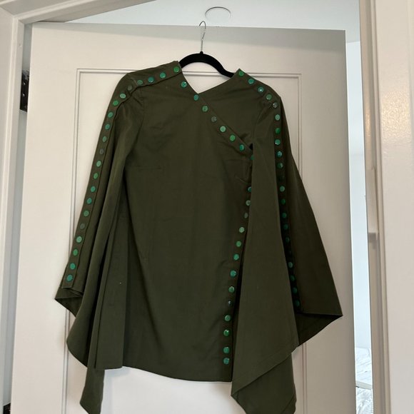 Rosie Assoulin Tunic Top Flared Sleeves V-neck Snap Buttons Detailing Sz M Green - Picture 2 of 12